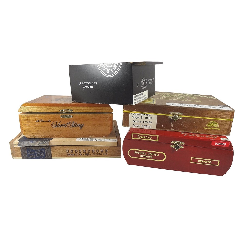 Lot of 5 Empty Wooden Cigar Boxes Arturo Fuente Drew Estate‎ Camacho H Upmann